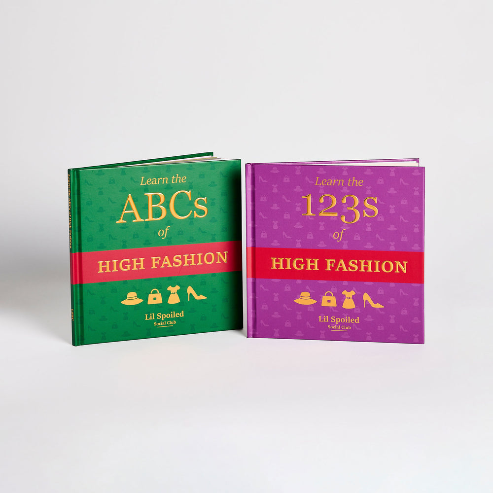 Two children's books titled 'Learn the ABCs of High Fashion' and 'Learn the 123s of High Fashion' on a white background.