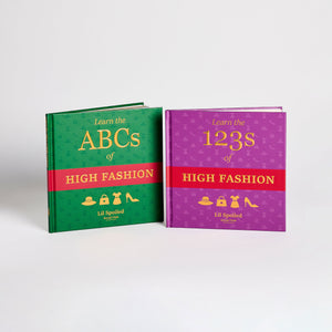 Two children's books titled 'Learn the ABCs of High Fashion' and 'Learn the 123s of High Fashion' on a white background.
