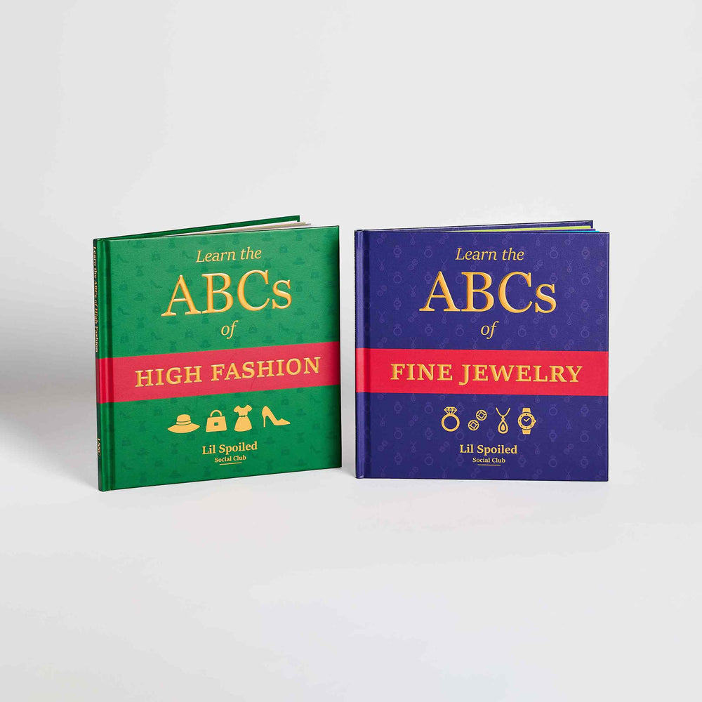 Two books titled 'Learn the ABCs of High Fashion' and 'Learn the ABCs of Fine Jewelry' on a white background.
