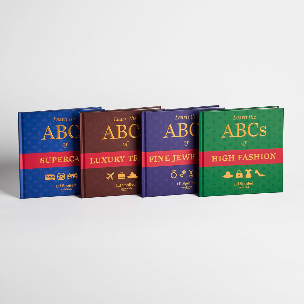 Four hardcover books titled 'Learn the ABCs of' in different colorways (blue, brown, purple, and green) arranged in a row on a light gray background.