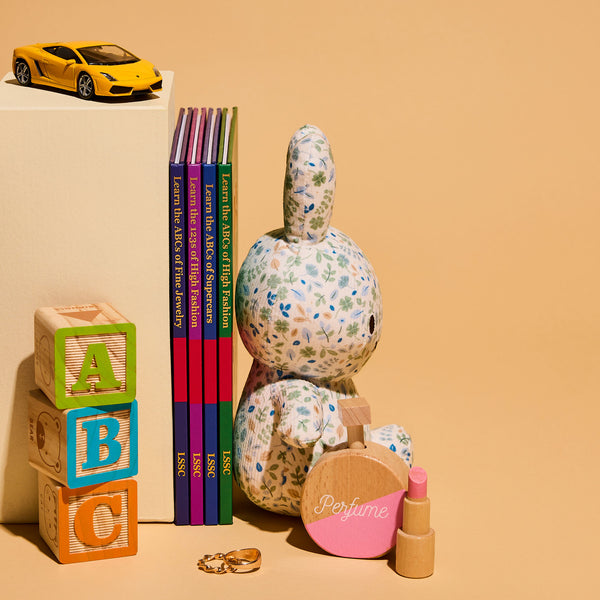 Stack of patterned Lil Spoiled Social Club books, toy car, and decorative items on a beige background