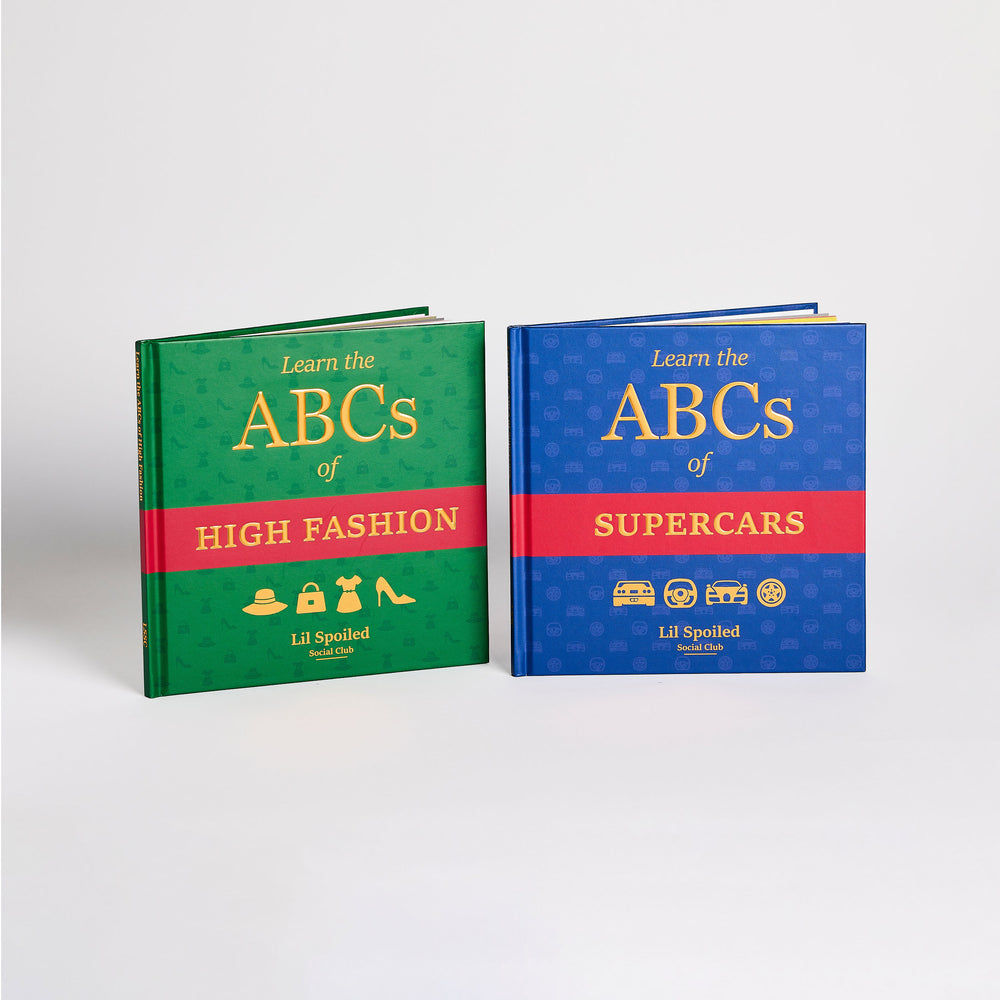 Two books titled 'Learn the ABCs of High Fashion' and 'Learn the ABCs of Supercars' on a white background.