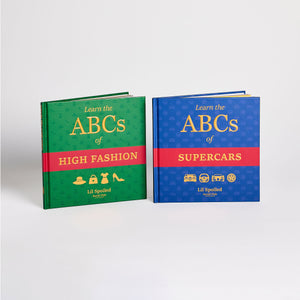 Two books titled 'Learn the ABCs of High Fashion' and 'Learn the ABCs of Supercars' on a white background.